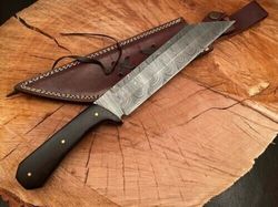 CUSTOM HANDMADE DAMASCUS STEEL SEAX WOOD HANDLE KNIFE WITH LEATHER SHEATH