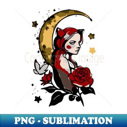 stars roses moon and a cat girl - Elegant Sublimation PNG Download - Stunning Sublimation Graphics
