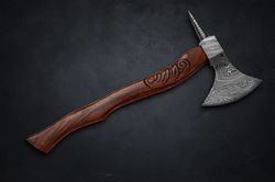 Custom Handmade Damascus Steel tri Axe, Rose Wood Handle, With Leather Sheath..