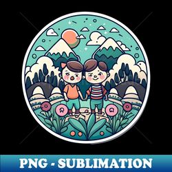 Round Sticker Simple Kawaii Brother and Sister by a Mountain - PNG Transparent Sublimation Design - Bold & Eye-catching