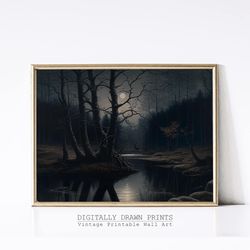 Moody Forest Landscape Painting Printable Wall Art, Vintage Dark Artwork, Moonlight Painting, Dark Academia Decor, Moody