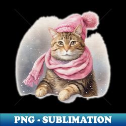 adorable cute cat wearing a pink hat and scarf - retro png sublimation digital download - unleash your inner rebellion
