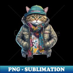 cute street cat wearing a jacket and hat - instant png sublimation download - perfect for sublimation mastery