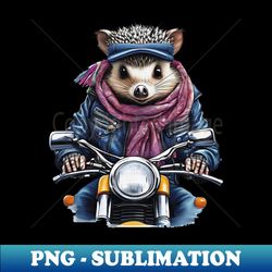 hedgehog wearing a jacket hat and a scarf on a motorcycle - Instant PNG Sublimation Download - Bring Your Designs to Life
