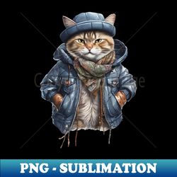 cute street cat wearing a leather jacket and hat - png transparent digital download file for sublimation - transform your sublimation creations