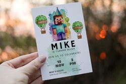 minecraft inspired birthday invite - customizable gamer party invitation | minecrafter birthday party | canva template