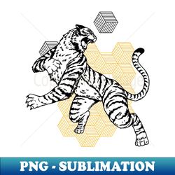 Retro Black  Gold Tiger on the Attack  Vintage Geometric Shapes Background - PNG Transparent Sublimation Design - Instantly Transform Your Sublimation Projects
