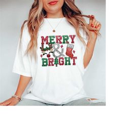 Comfort Colors Faux Embroidery Merry and Bright Shirt, Christmas Shirts for Women, Faux Sequins Glitter Christmas Shirt,