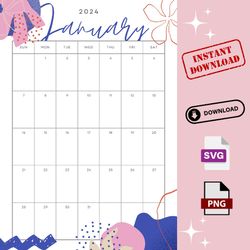 Feminine Floral January 2024 Calendar Monthly Planner svg png