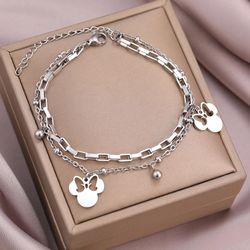 Stainless Steel Bracelets Cute Cartoon Anime Bow Mouse Pendant Bells Beads Layer Chain Bracelet For Women Jewelry Party