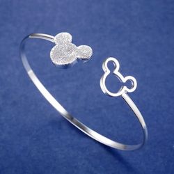 925 Sterling Silver fine Frosted Mickey bangle Bracelets for Women adjustable Fashion Party Wedding Accessories Jewelry
