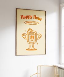 Happy Hour Retro Character Wall Art, Retro Quote Wall Print, Digital Download Art, Retro Wall Decor, Large Printable Art