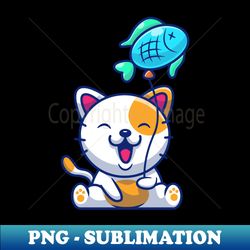 cute cat playing fish balloon cartoon - unique sublimation png download - defying the norms