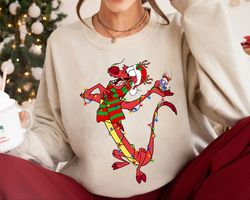 Disney Mulan Santa Mushu Dragon Christmas Lights and Present TShirt, Cute Mushu Xmas Shirt, Disneyland Holiday Vacation