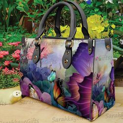 Butterfly Landscape Leather Handbag  Wallet, Colorful Butterfly Shoulder Bag, Custom Bag
