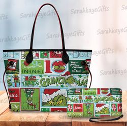Grinch Christmas Large Leather Bag, Grinch Lover Handbag, Custom Leather Large Bag