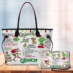 Grinch Christmas Large Leather Bag, Grinch Lover Handbag, Custom Leather Large Bag