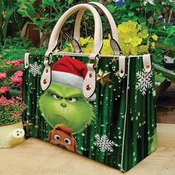 Grinch Christmas Leather Bag, Grinch Lover Handbag, Custom Leather Bag