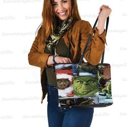 Grinch Large Leather Tote Bag, Grinch Lover Handbag, Custom Leather Large Bag