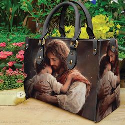 Jesus Hugging Child leather Bag Handbag, Jesus Christmas Handbag, Jesus Christmas Bag and Purses