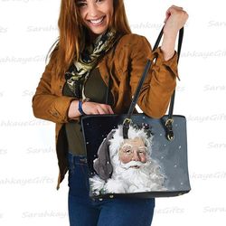 Santa Claus Large Leather Tote Bag, Christmas Handbag, Custom Leather Large Bag