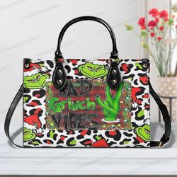 Bad Grinch Vibes Leather Bag Handbag, Grinch Women Bags and Purses, Grinch Lovers Handbag