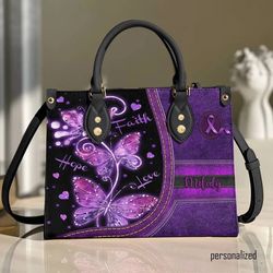 Butterfly Faith Hope Love Leather Bag hand bag, Custom Butterfly Woman Handbag, Butterfly Lovers Handbag