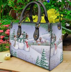 Custom Christmas Snowman Leather Bag hand bag, Snowman Woman Purse, Snowman Lovers Handbag