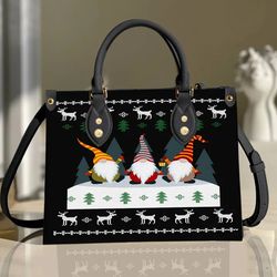 Custom Name Christmas Gnome Leather Bag hand bag, Gnome Woman Purse, Gnome Lovers Handbag