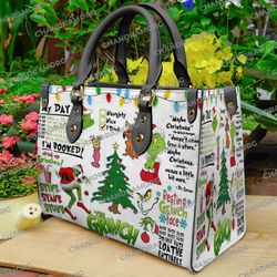 Custom Name Christmas Grinch Leather Bag hand bag, Grinch Woman Purse, Grinch Lovers Handbag