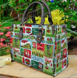 Custom Name Grinch Christmas Leather Bag hand bag, Grinch Woman Purse, Grinch Lovers Handbag