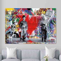 Banksy Charlie Chaplin Love Pop Art Canvas Print - Charlie Chaplin and Mickey Mouse Pop Art Graffiti Wall Art, Home Deco