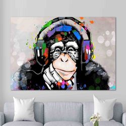 Banksy Thinking Monkey, Dj Monkey, Banksy Monkey, Headphones Chimp, Banksy Painting, Black Frame Canvas, Street Art Prin