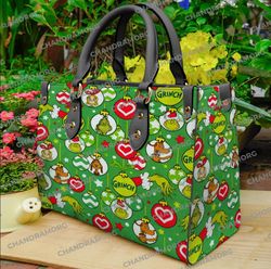 Personalized Grinch Christmas Leather Bag hand bag, Grinch Woman Purse, Grinch Lovers Handbag