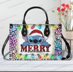 Personalized Stitch Merry Christmas Leather Handbag, Stitch Lovers Handbag, Stitch Women Bags and Purses