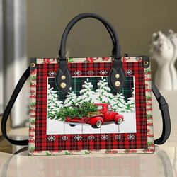 Red Truck Merry Christmas Leather Bag hand bag, Woman Purse, Christmas Lovers Handbag