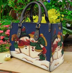 Snowman Christmas Leather Bag hand bag, Custom Snowman Woman Purse, Snowman Lovers Handbag