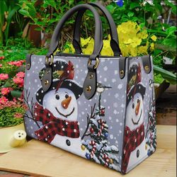 Snowman With Cardinal  Leather Bag hand bag, Snowman Woman Purse, Snowman Lovers Handbag