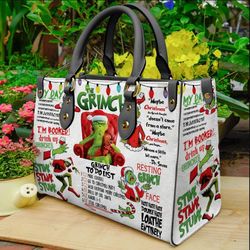 The Grinch Merry Christmas Leather Bag, Grinch Women Bags and Purses, Custom Leather Bag