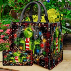 Grinch Merry Christmas Leather Bag Handbag, Grinch Lovers Handbag, Grinch Women Bags Purses