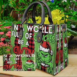 In a World Full Of Grinches Leather Bag, Grinch Women Bags And Purses, Grinch Lovers Handbag