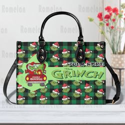 Custom Christmas Grinch Leather Handbag, Grinch Lover Handbag, Custom Leather Bag