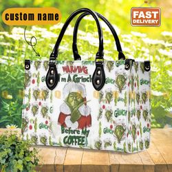 Custom Grinch Christmas Leather Bag, Grinch Lover Handbag, Custom Leather Bag