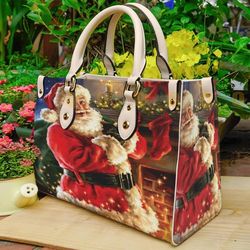 Santa Claus Santa Leather Handbag, Christmas Woman Handbag, Christmas Women Bag and Purses
