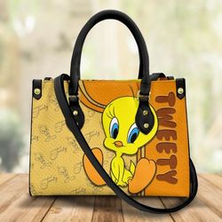 Tweety Bird Pattern Premium Leather Handbag, Tweety Woman Purse, Tweety Lovers Handbag