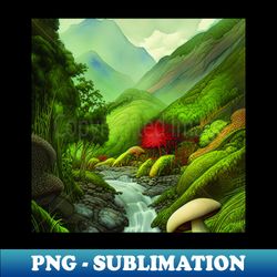beautiful landscape painting with mushrooms and mountains - high-quality png sublimation download - bold & eye-catching