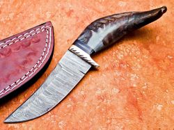 8" Custom Handmade Forged Damascus Blade Camping Hunting Knife RAM Horn