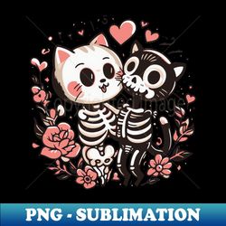 Skeleton Kiss A Cat Spooky Floral Halloween - Unique Sublimation PNG Download - Fashionable and Fearless