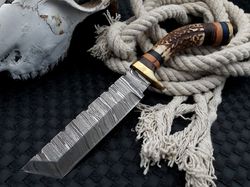 Handmade Damascus Tanto Knife Outdoor Camp Hand Forged Skinner Hunting Knife