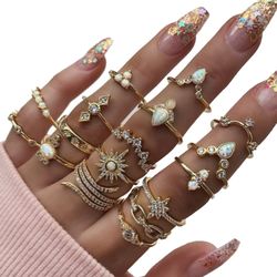 Boho 17pcs sets Luxury Clear Crystal Stone Wedding Ring for Women Men Water Drop Flowers Sun Geoemtric Jewelry